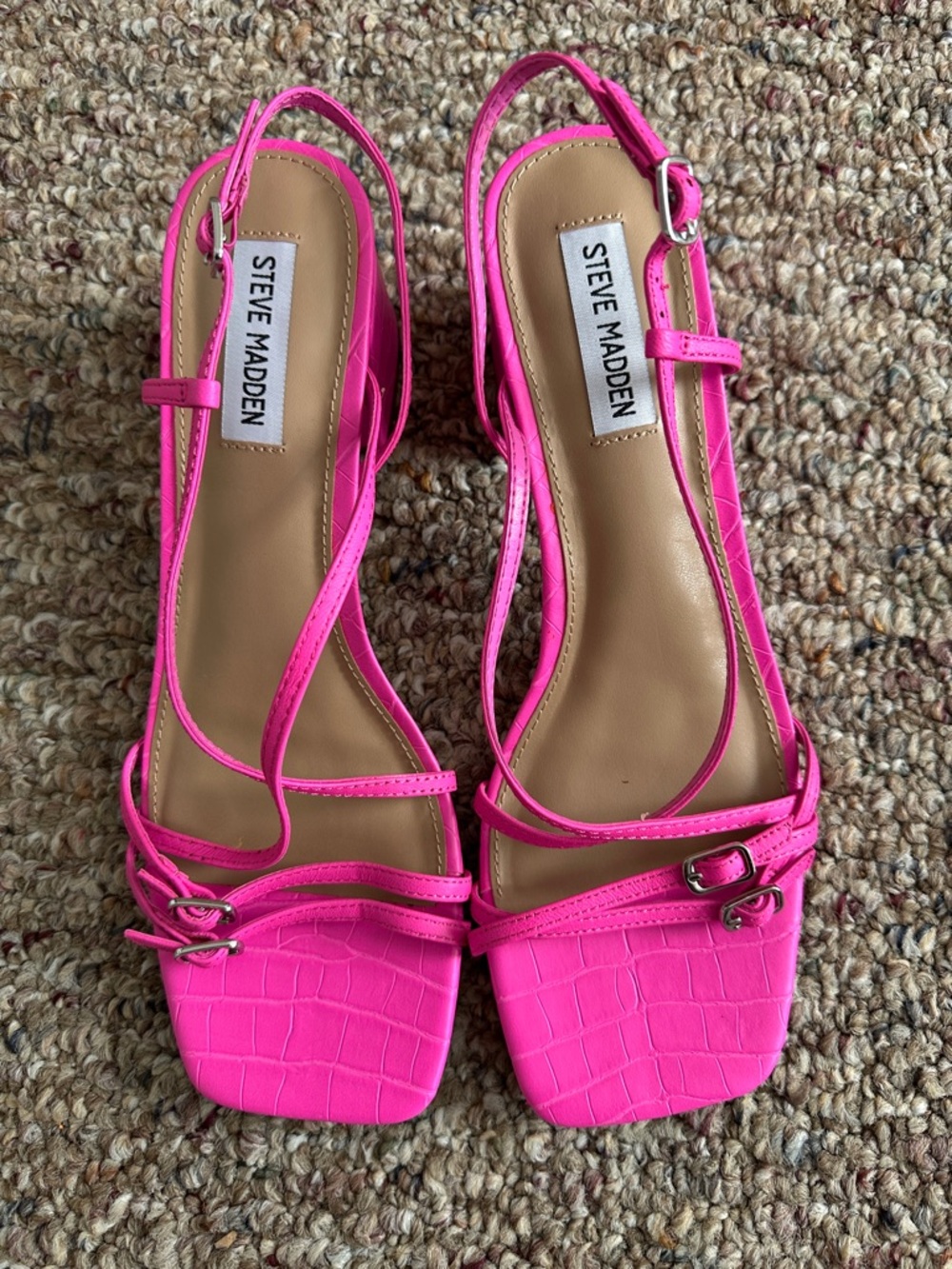 Steve Madden Bright Pink Croc-Textured Strappy Block Heel Sandals - Picture 3 of 6